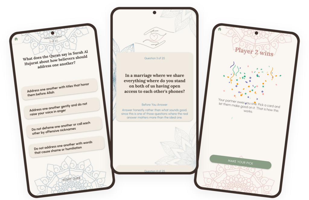Three screens from the Tawam Al Ruh app: a quiz question, a daily conversation question, and the Who Knows Who Better winner screen
